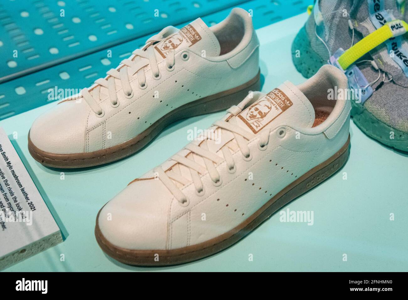 London, UK. 17 May 2021. "Adidas Stan Smith Mylo", 2021. Made from mylo  leather (grown from mycelium). Preview of “Sneakers Unboxed: Studio to  Street” at the Design Museum in Kensington. The exhibition