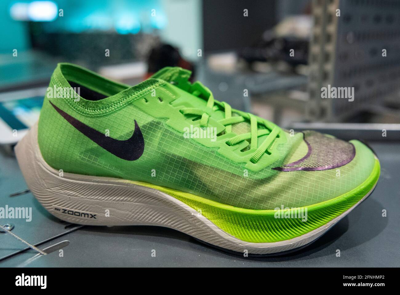 London, UK. 17 May 2021. "Nike ZoomX Vaporfly NEXT%", 2019. Preview of “ Sneakers Unboxed: Studio to Street” at the Design Museum in Kensington. The  exhibition explores how sneakers have gone from being