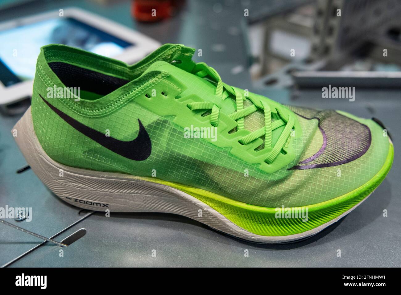 London, UK. 17 May 2021. "Nike ZoomX Vaporfly NEXT%", 2019. Preview of  “Sneakers Unboxed: Studio to Street” at the Design Museum in Kensington.  The exhibition explores how sneakers have gone from being