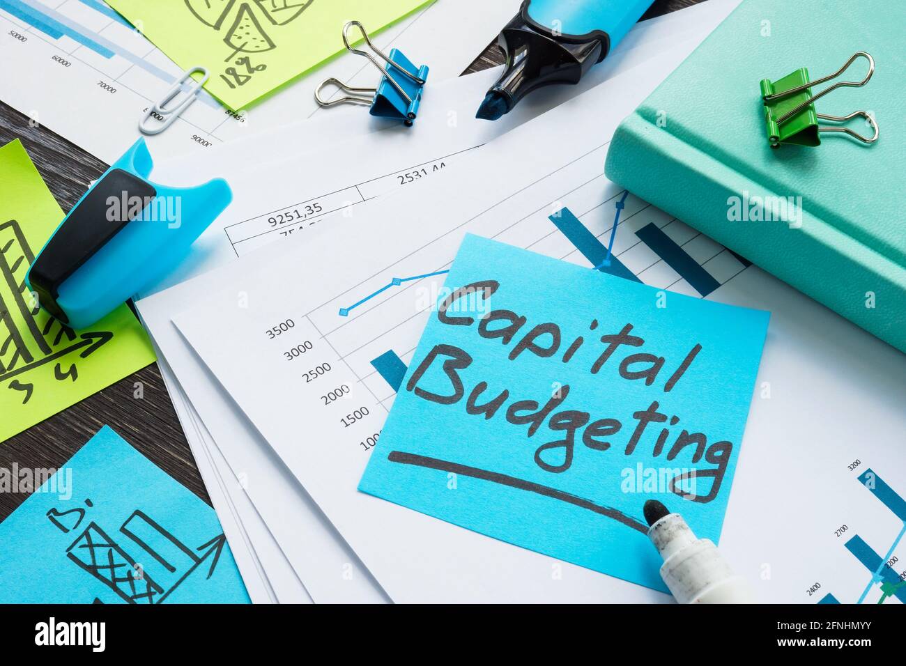 Papers with capital budgeting and business charts. Stock Photo