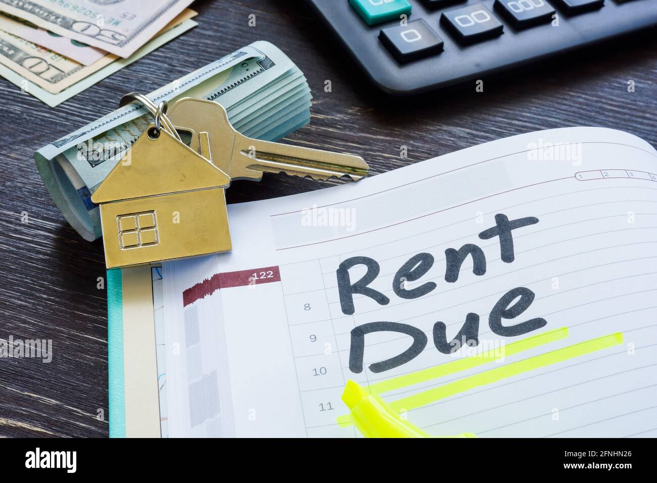 Rent due sign in the planner and key Stock Photo Alamy