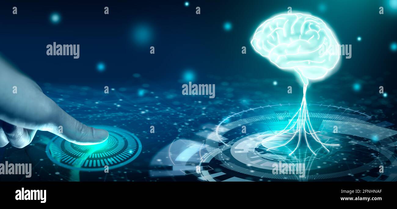 Protect intellectual property with Biometric security. Converging point of light bulb with human brain inside. Intellectual property protection. Stock Photo