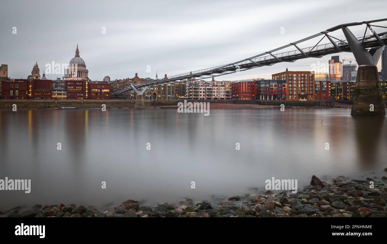 Long exposure, City of London, Millennium bridge and St Paul's cathedral Stock Photo