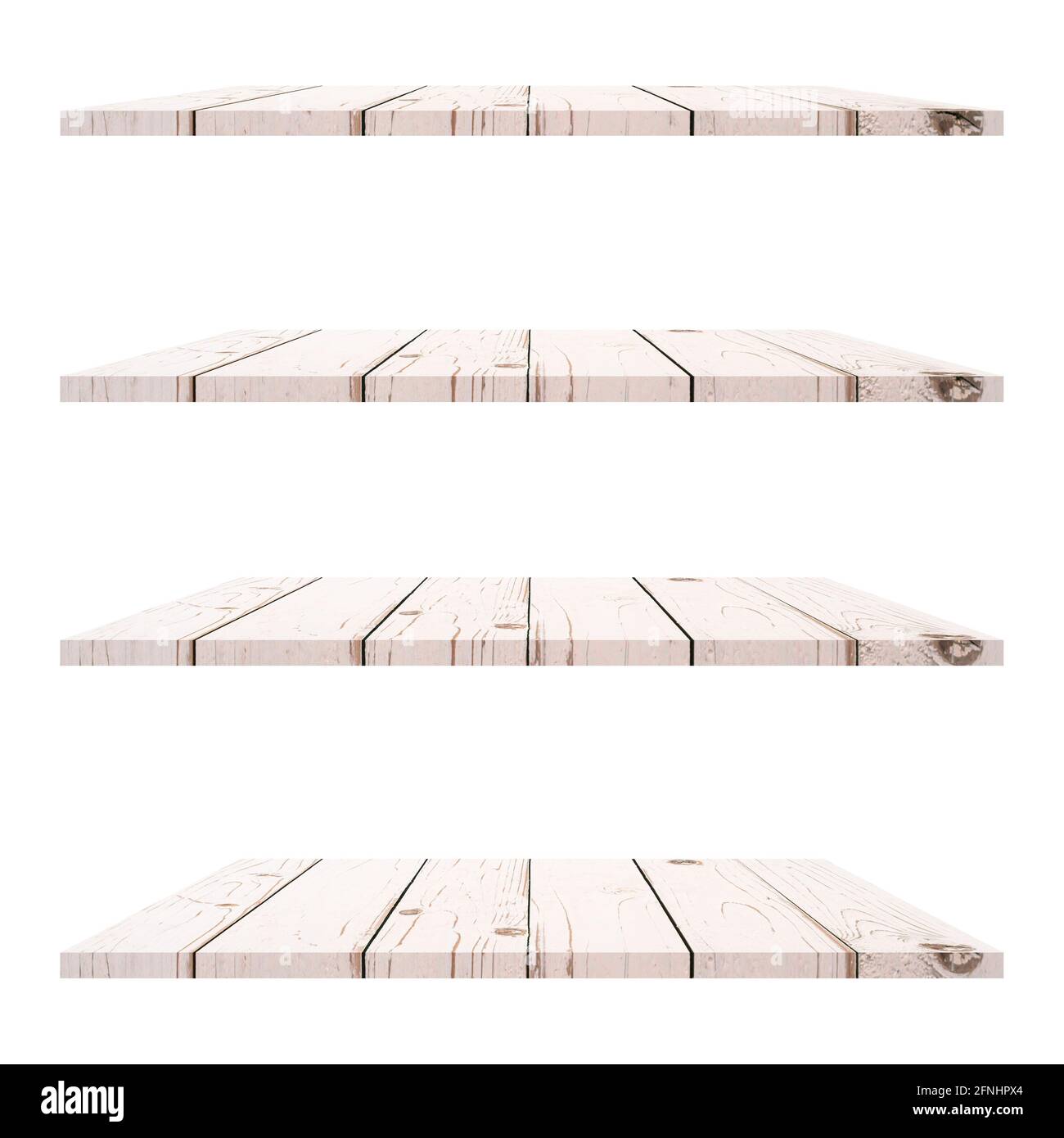 4 Wood shelves table isolated on white background and display montage ...