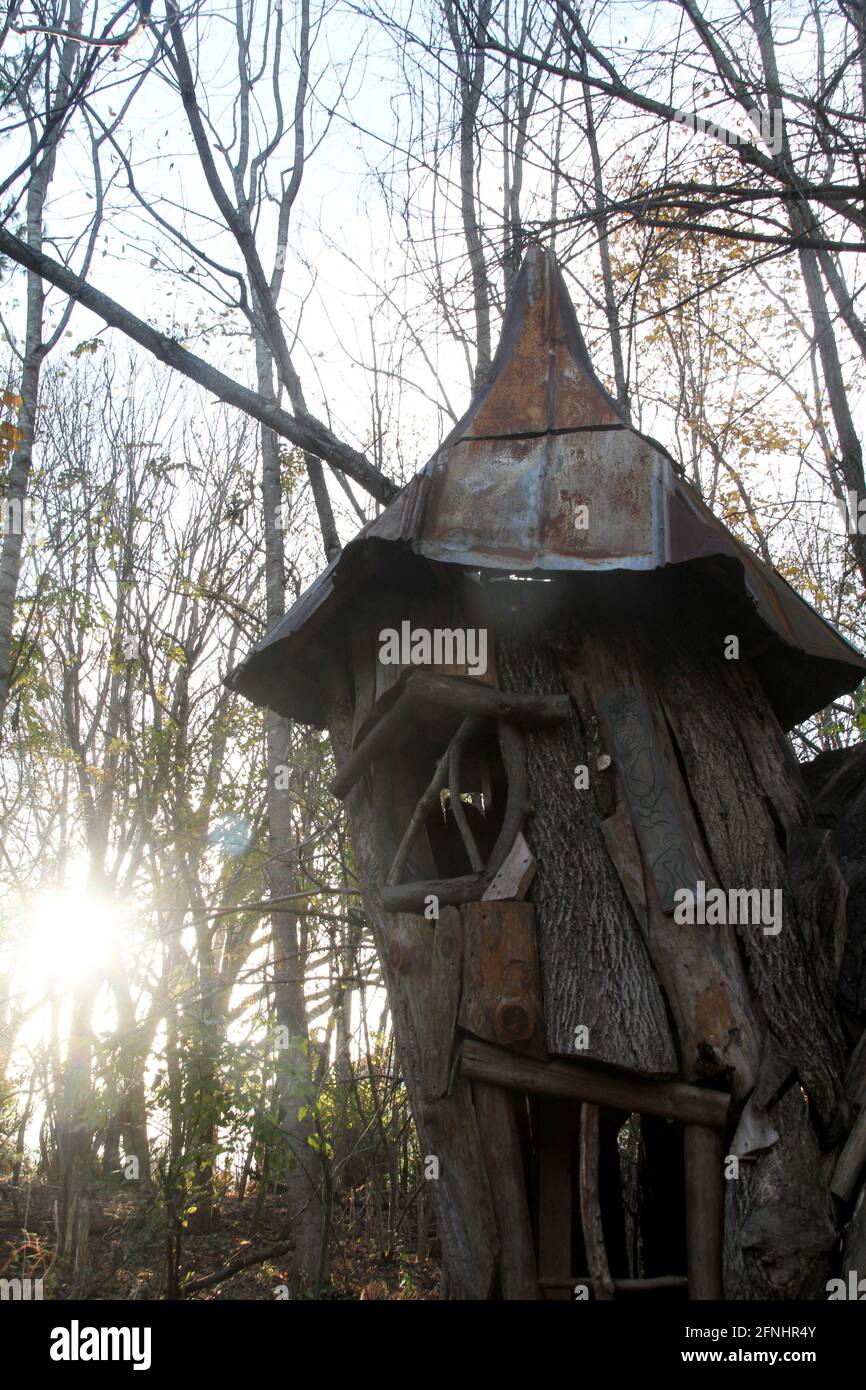 Fantasy sculpture made out of scrap natural materials decorating Boxerwood  Nature Center in Lexington, VA, USA. Fairy/ troll house Stock Photo - Alamy