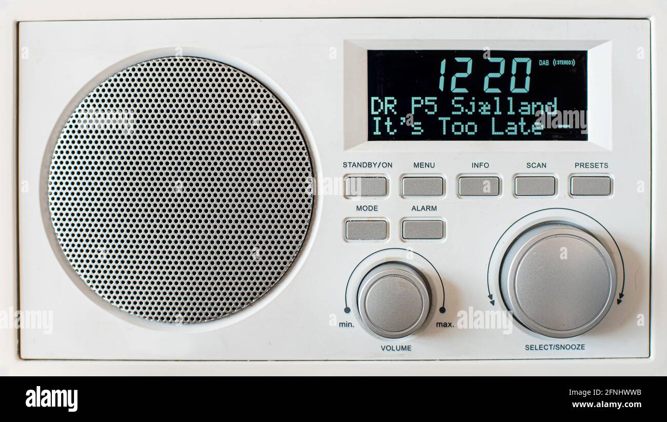 White retro DAB Rradio with DR P5 Sjælland on the display, Denmark, MAy 10, 2021 Stock Photo
