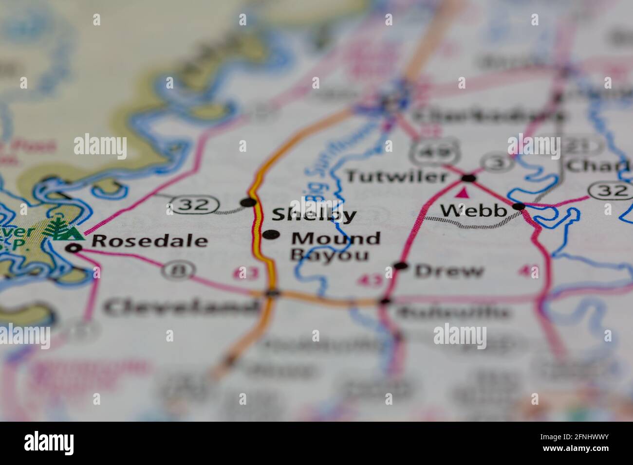 Shelby Mississippi USA shown on a Geography map or road map Stock Photo