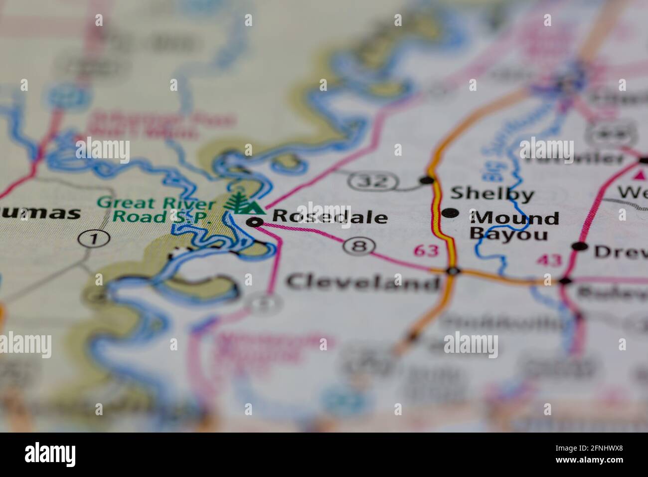Rosedale Mississippi USA shown on a Geography map or road map Stock