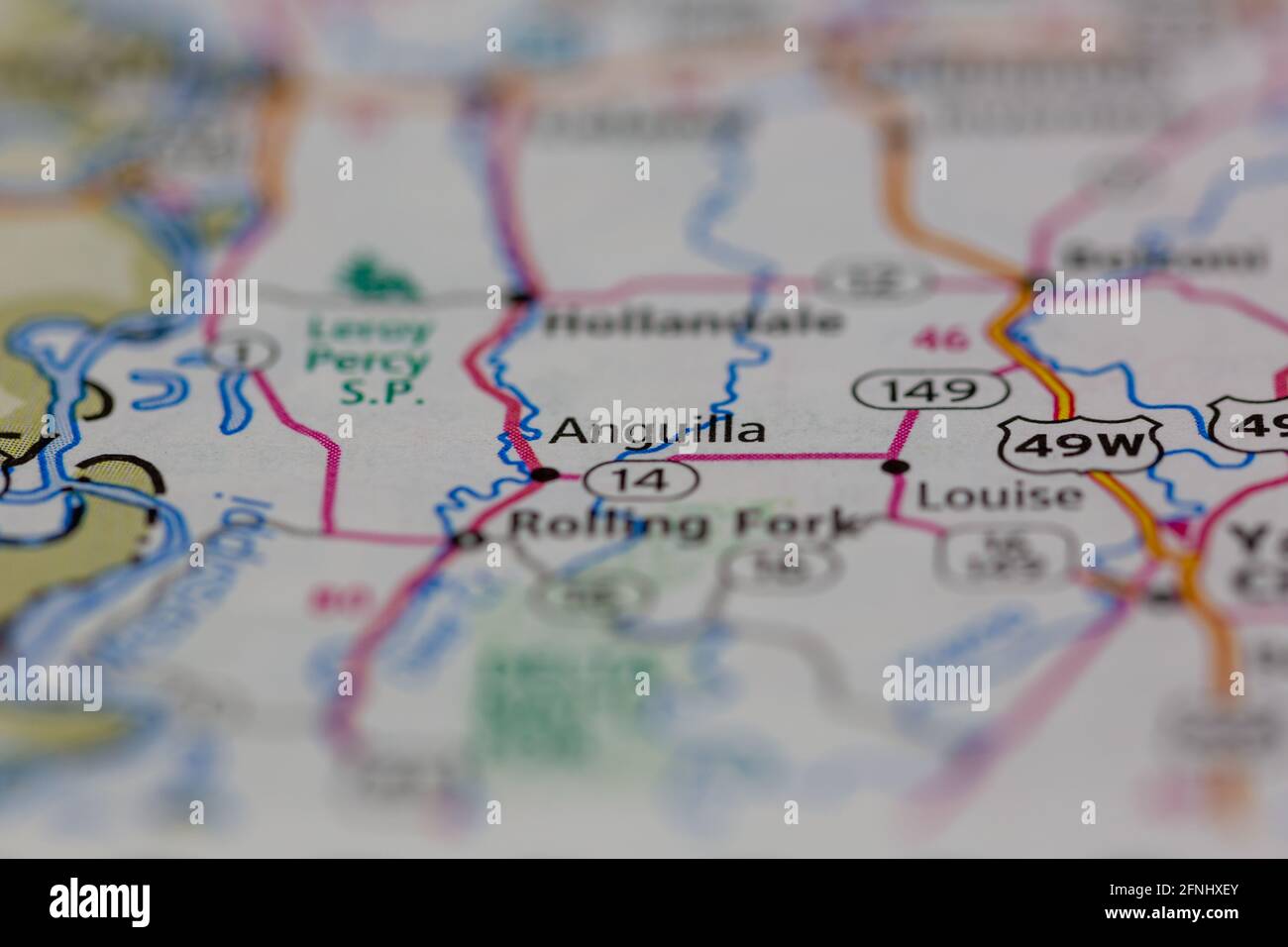 Anguilla Mississippi USA shown on a Geography map or road map Stock