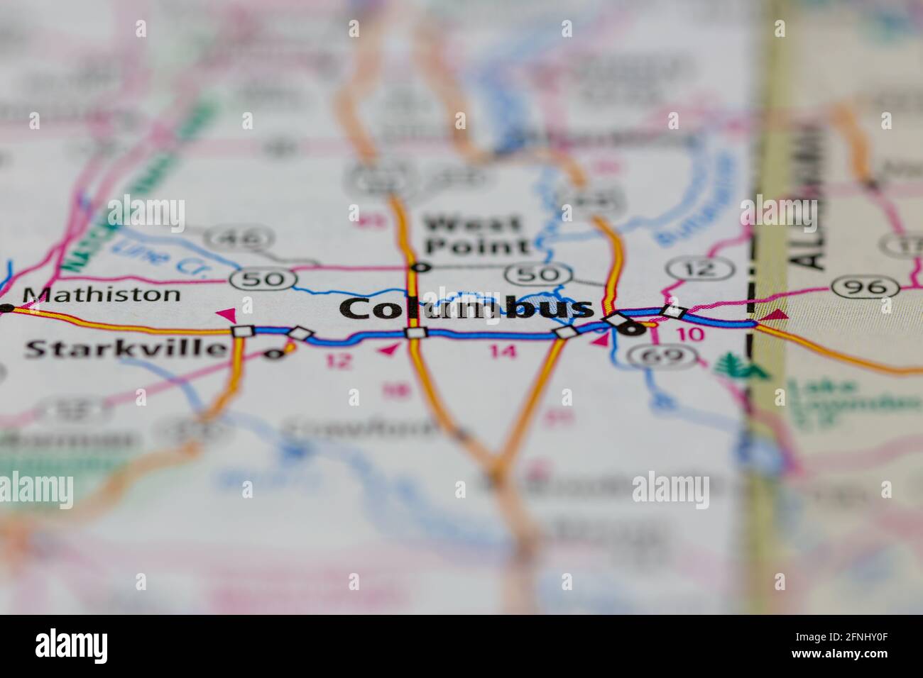 Columbus Mississippi USA shown on a Geography map or road map Stock