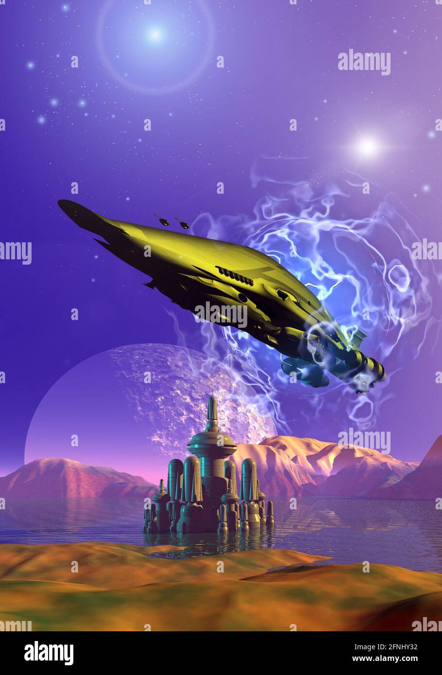 Spaceship arriving on a frontier planet flying over a city located in the middle of a lake with high mountains around it Stock Photo