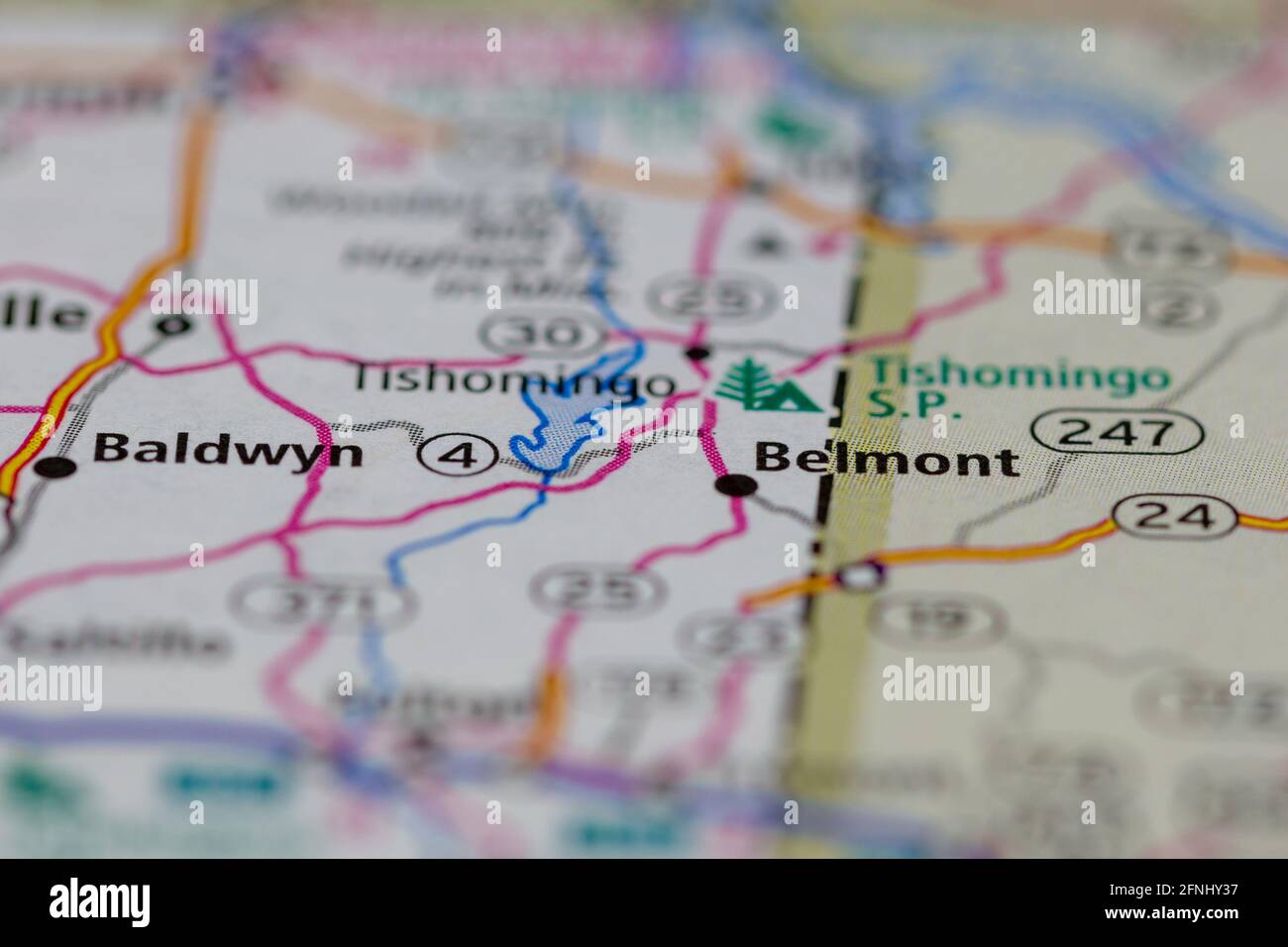 Belmont Mississippi USA shown on a Geography map or road map Stock