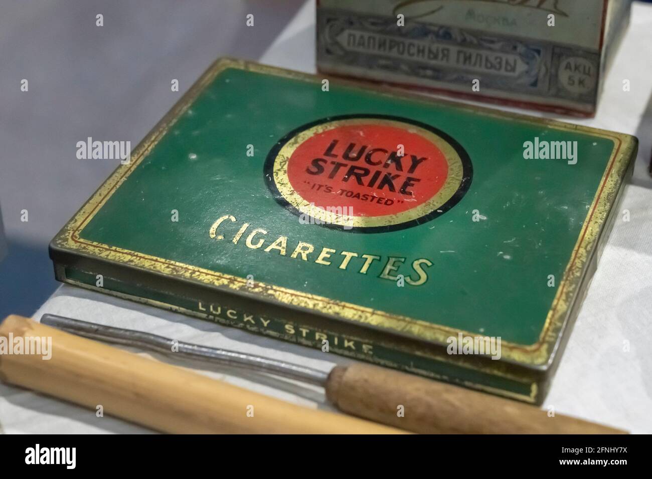 Lucky strike. Wooden green Box from under old cigarettes or cigarettes with the logo of the famous brand for smokers Lucky Strike. Krasnoyarsk, Russia Stock Photo