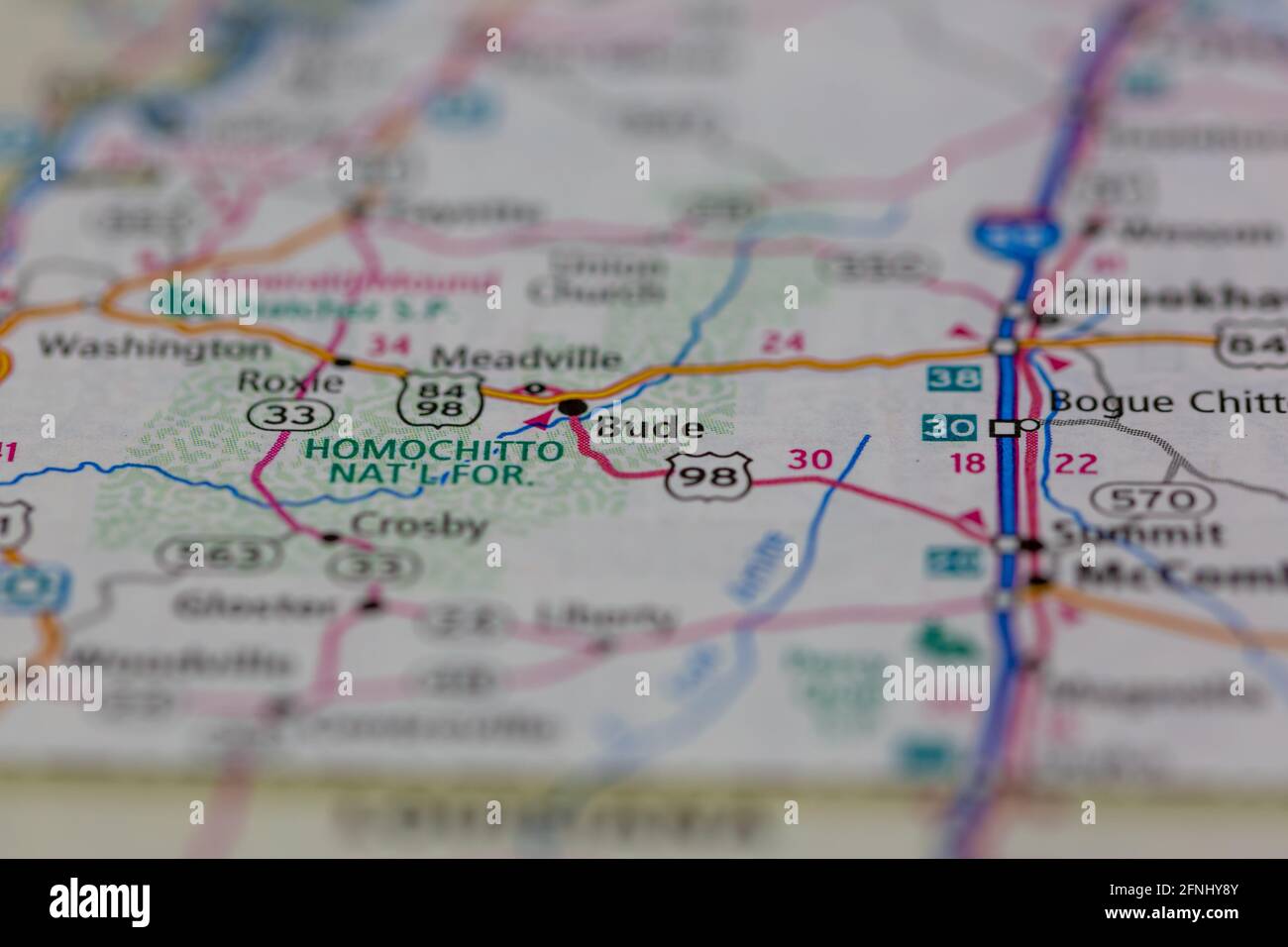 Bude Mississippi USA shown on a Geography map or road map Stock Photo