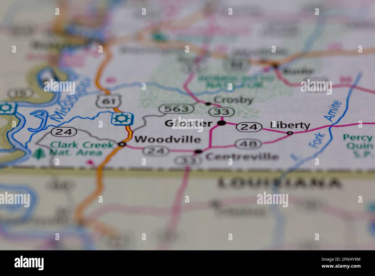 Gloster Mississippi USA shown on a Geography map or road map Stock