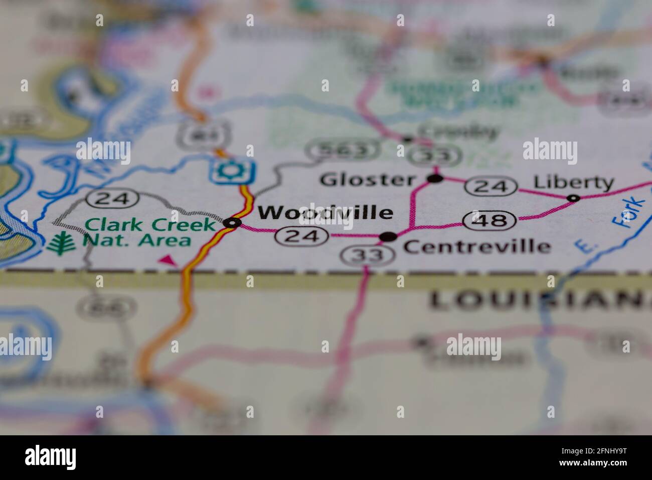 Woodville Mississippi USA shown on a Geography map or road map Stock