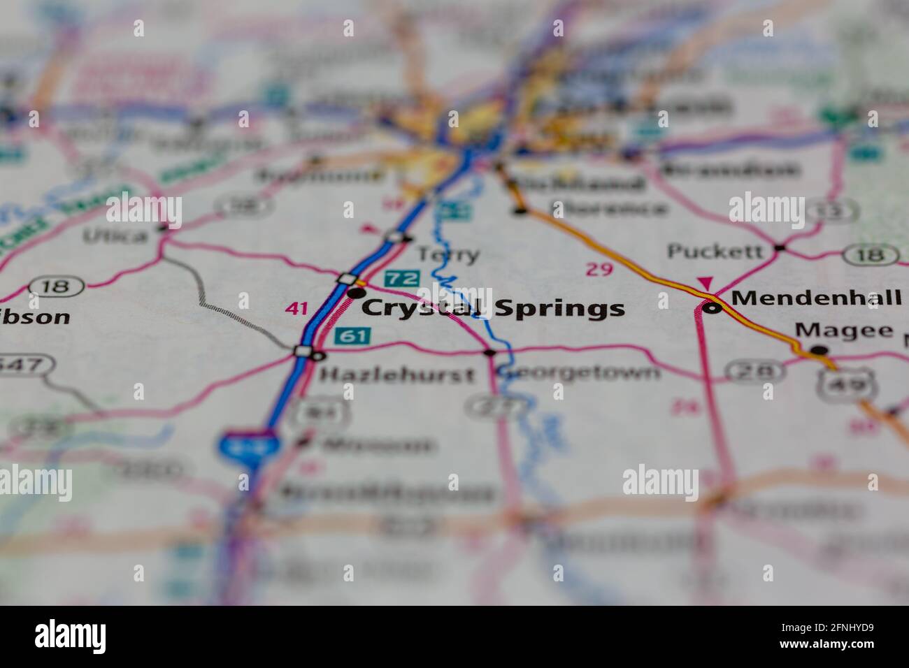 Crystal springs Mississippi USA shown on a Geography map or road map Stock Photo