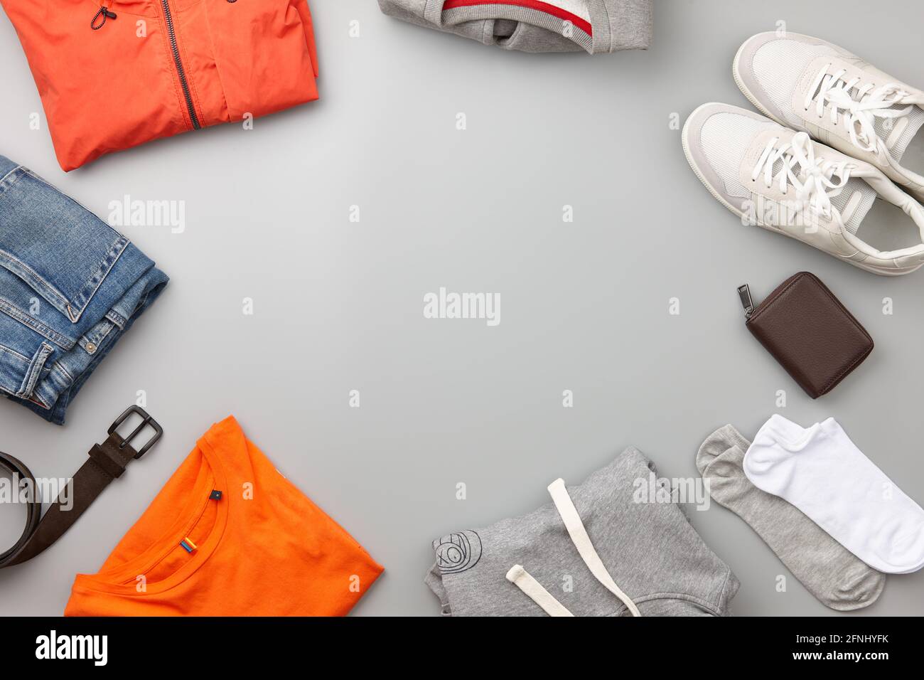 Mens casual clothing outfits and accessories flat lay Stock Photo