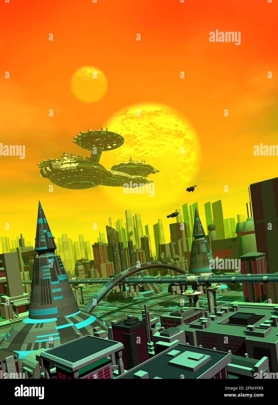 spaceship flying over the futuristic city, 3d rendering Stock Photo