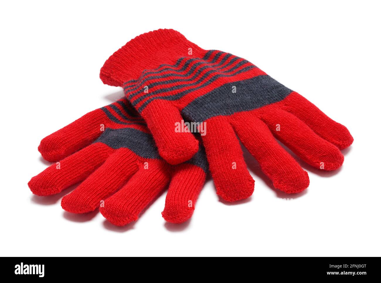 Two Red and Grey  Cotton Mittens Cut Out. Stock Photo
