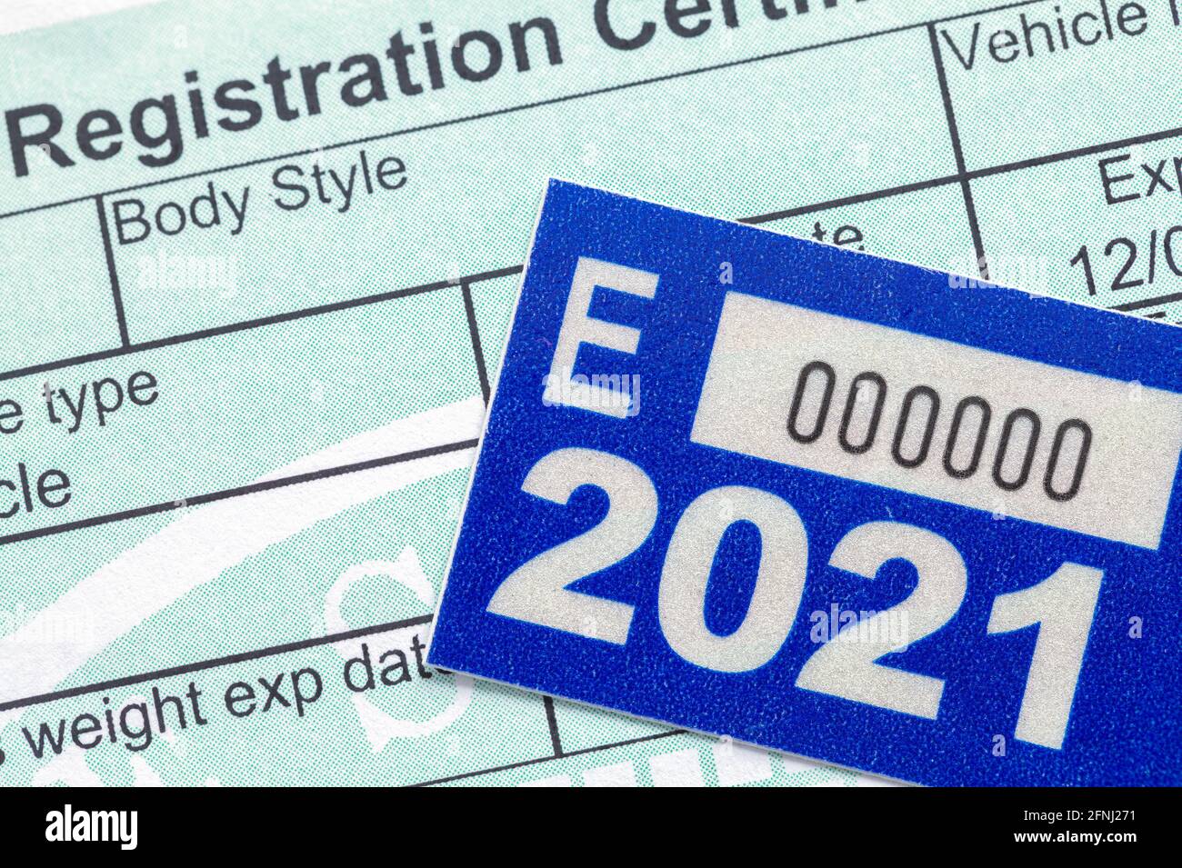 Vehicle Registration Paper Work With Sticker Tag. Stock Photo