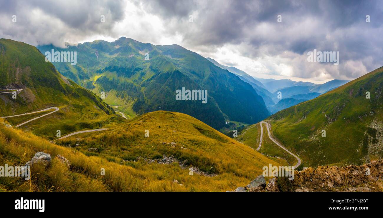 Impressive panorama view of famous Transfagarasan road, Fagaras Mountains, Arges County, Romania Stock Photo