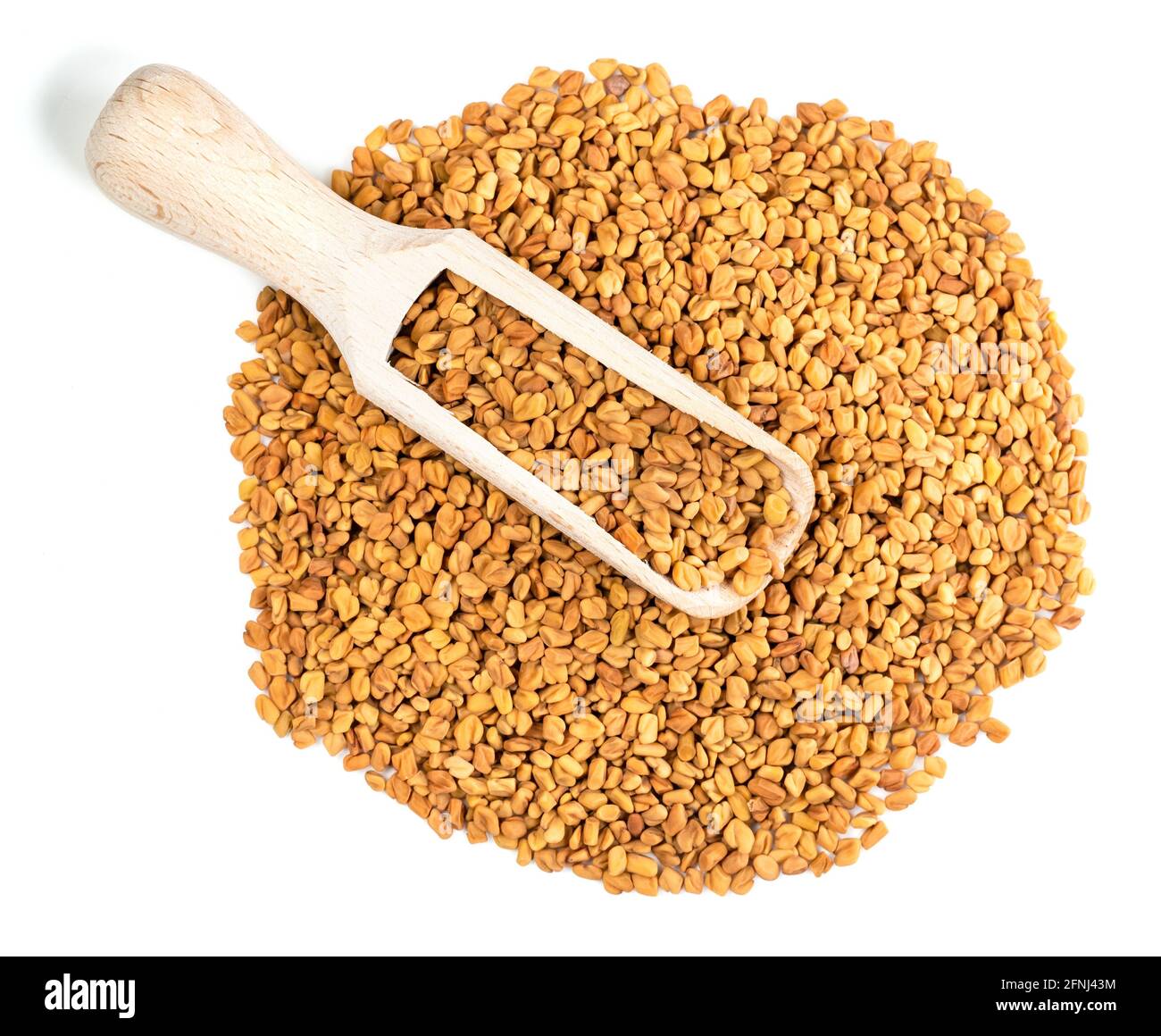top view of wood scoop on pile of Fenugreek seeds on white background Stock Photo