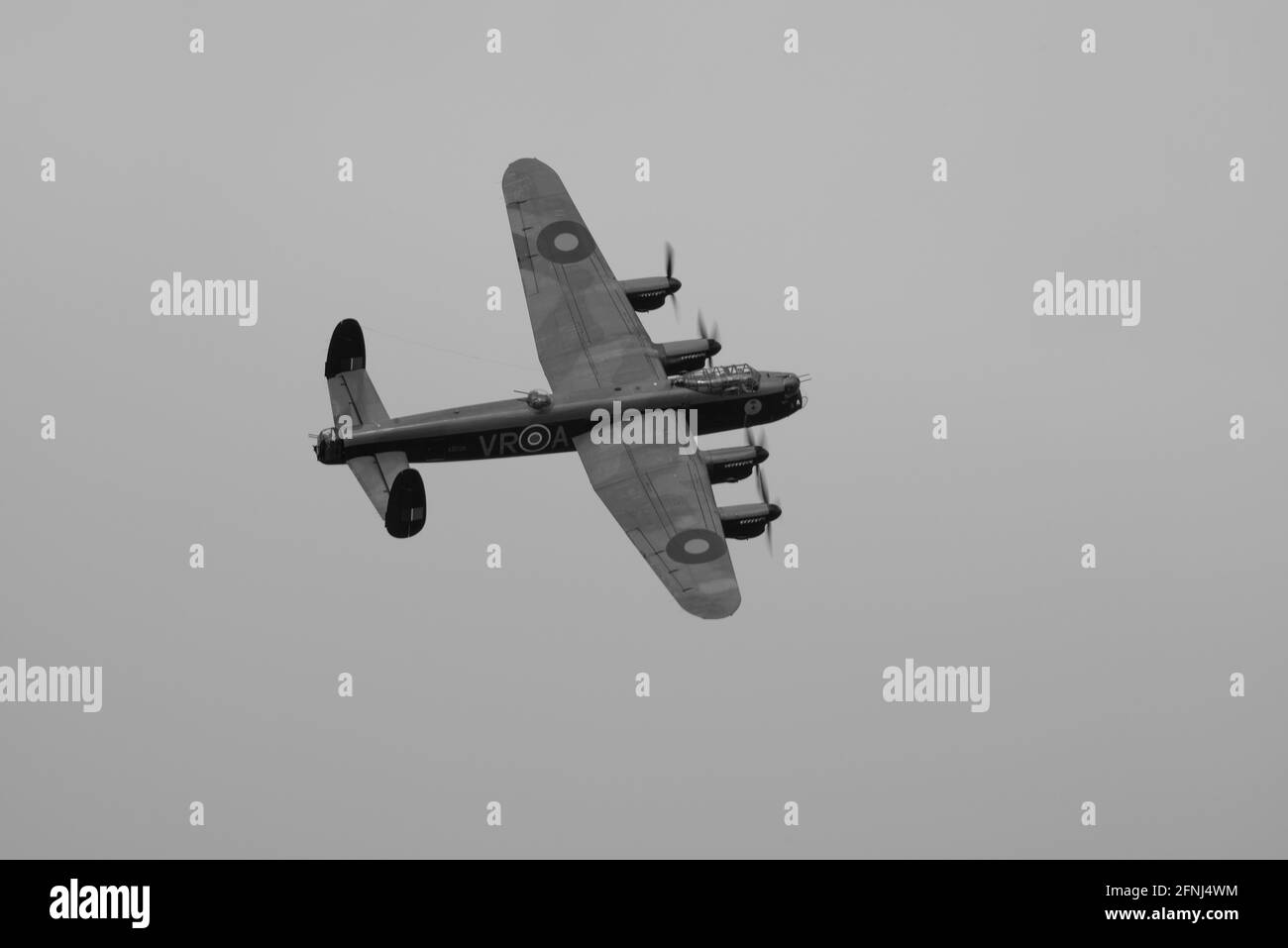Mono image of the Canadian Warplane Heritage Museum Lancaster bomber in the markings of KB726 of No419 'Moose' Squadron of the RCAF on UK visit Stock Photo