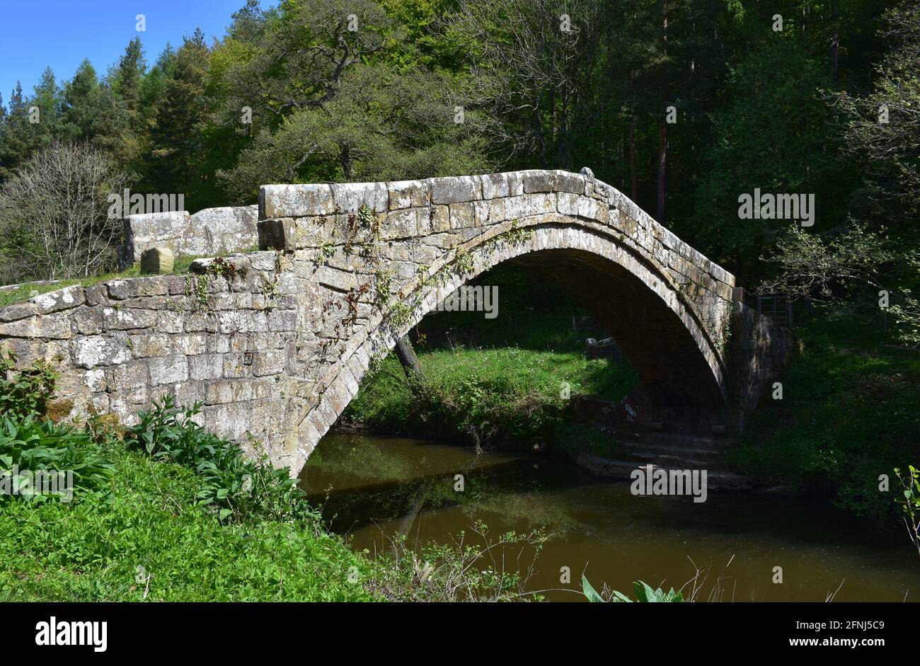 Historic arched stone beggar's bridge over the river esk in Glaisdale ...