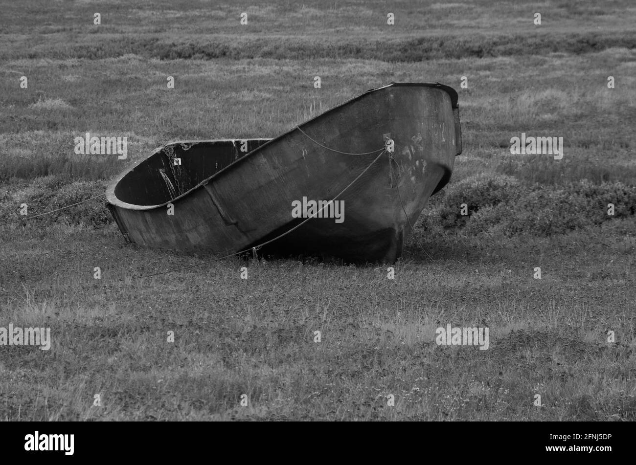 Mono image of a single metal rowing boat at rest among vegetation near a sea inlet on the North Norfolk coast Stock Photo