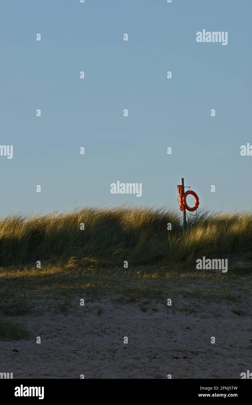 Minimal and simple image of a lifebelt with cord attached fixed to a post among coastal sand dunes in early evening light Stock Photo