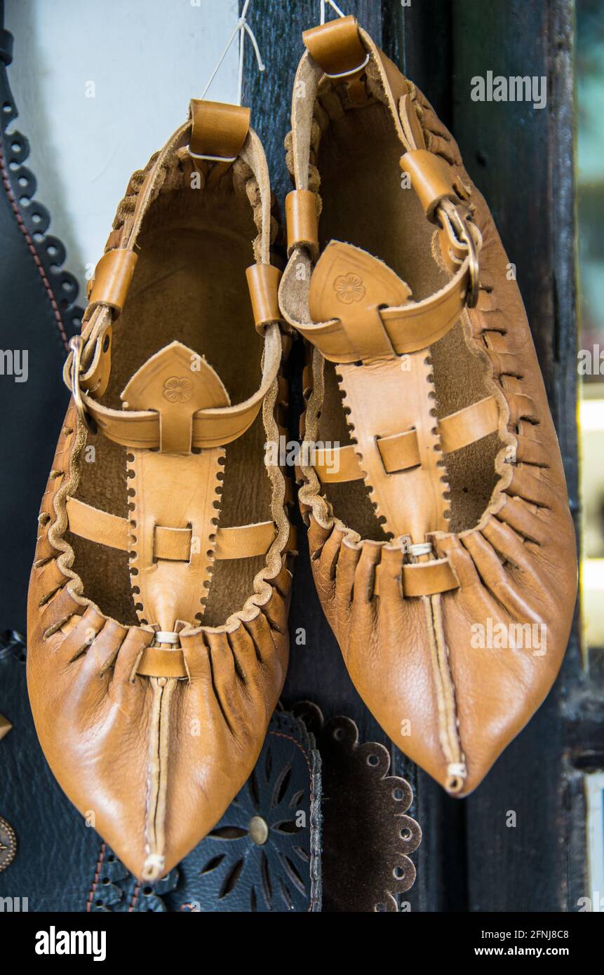 Opinki or tsarvuli. Traditional peasant shoes worn in southeastern europe Stock Photo