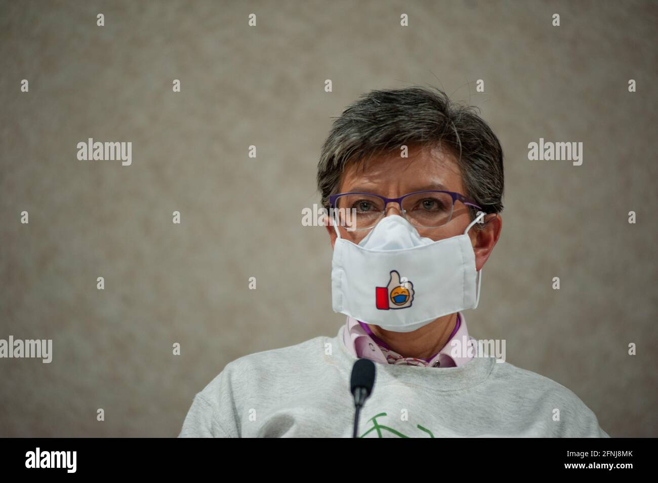 Former mayor of Bogota, Claudia Lopez wears a face mask to prevent the spread of the novel coronavirus, during a press conference for the international media about the status of the death of Javier Ordonez (Javier Ordoñez) caused by a case of police brutality. In Bogota, Colombia on October 2 2020 Stock Photo