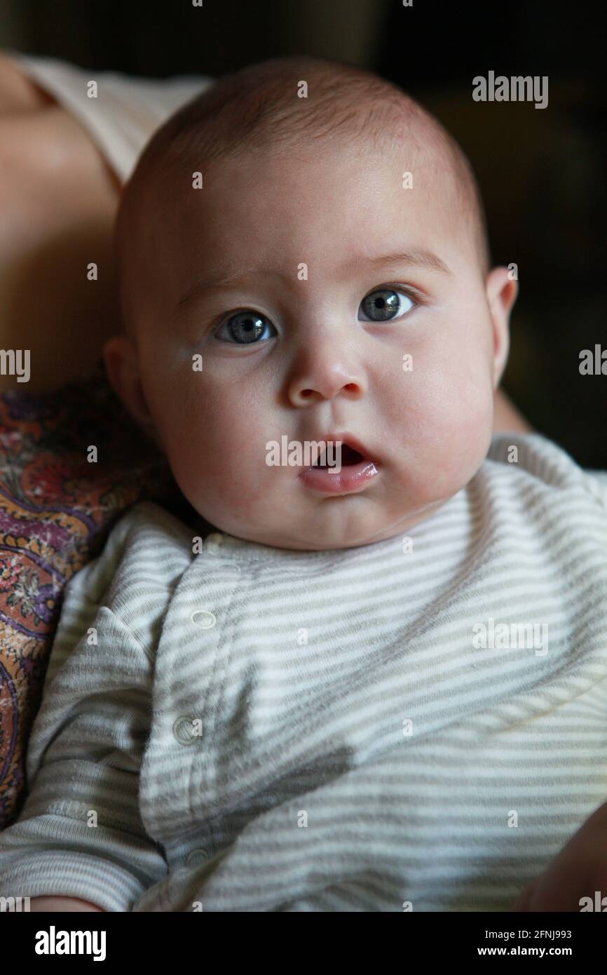 Baby girl sitting on her mother's lap looking curious into the camera. Stock Photo