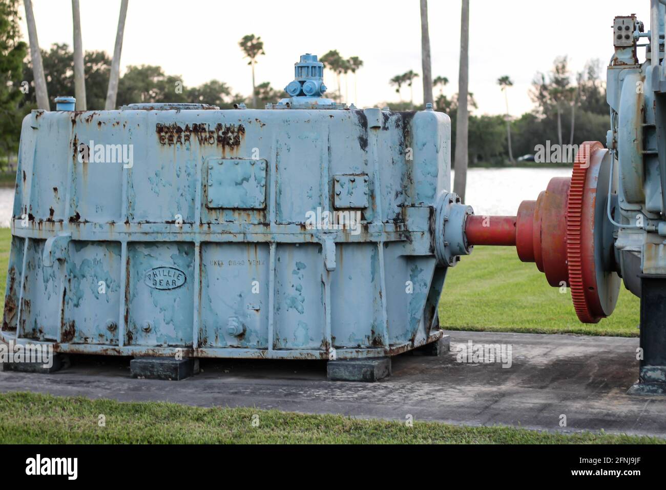 Philadelphia Gear Works machinery. Displayed at site at John Stretch Park. Central power stations and pumping applications for flood control. Stock Photo