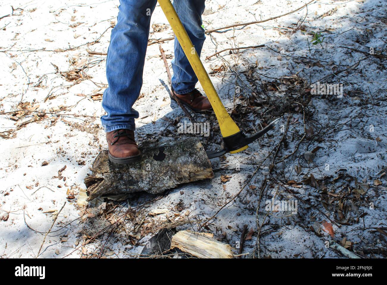 Industrial Railroad Pick-axe being used by a man to break a piece of wood on the floor.  Pick axe Stock Photo
