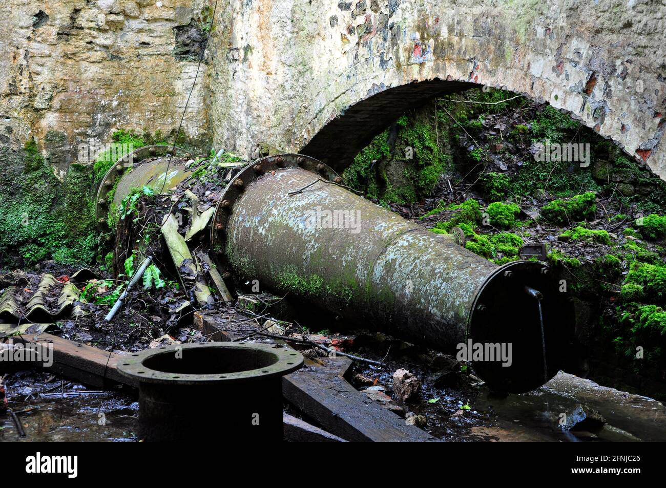 Hose supply ;tap into turbines,at the Old Iron Works, Mells , Fussells' Lower Works.This is a biological Site of Special Scientific Interest, in the W Stock Photo
