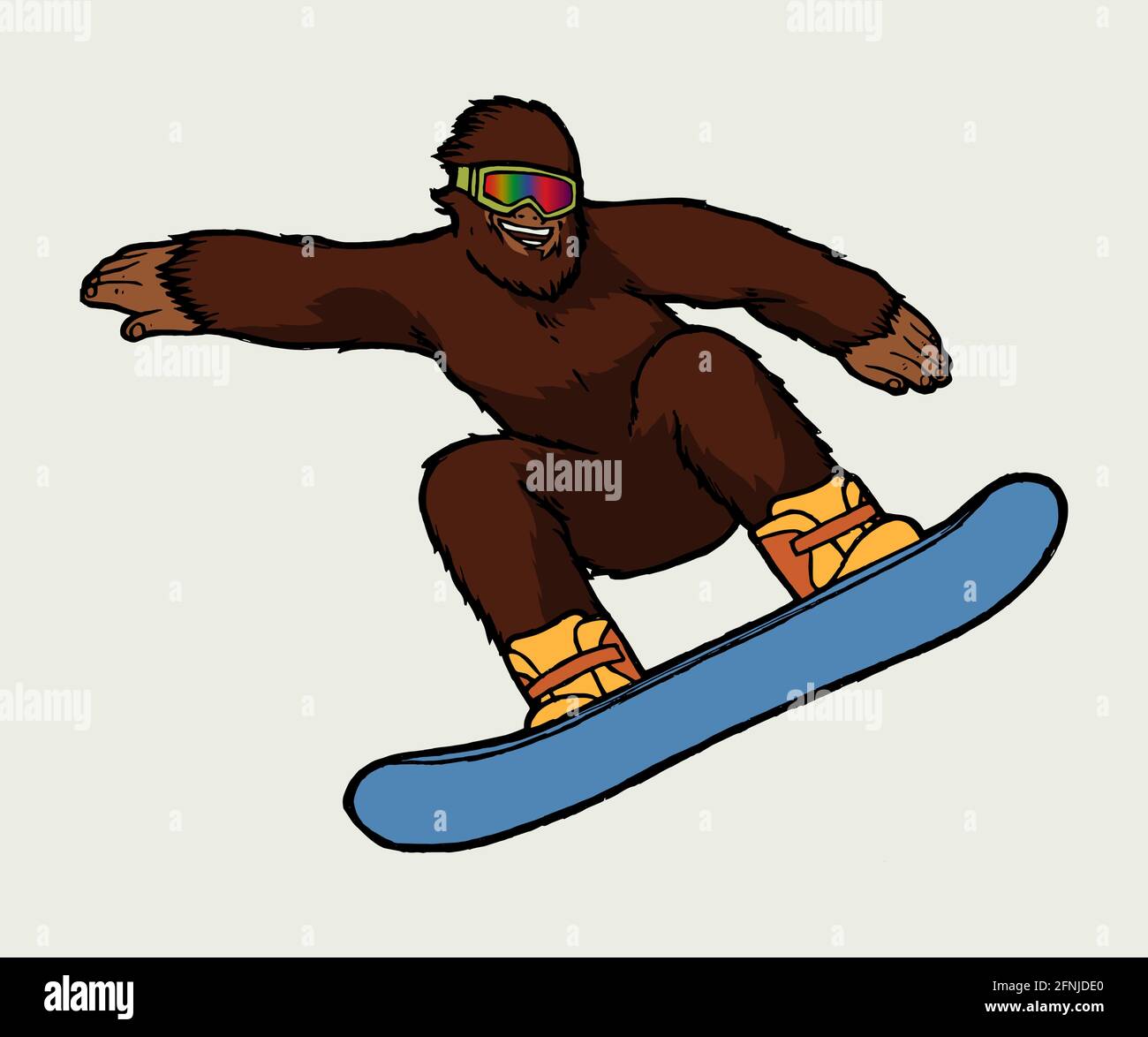 Bigfoot snowboarder. Snowman character riding snowboard vector