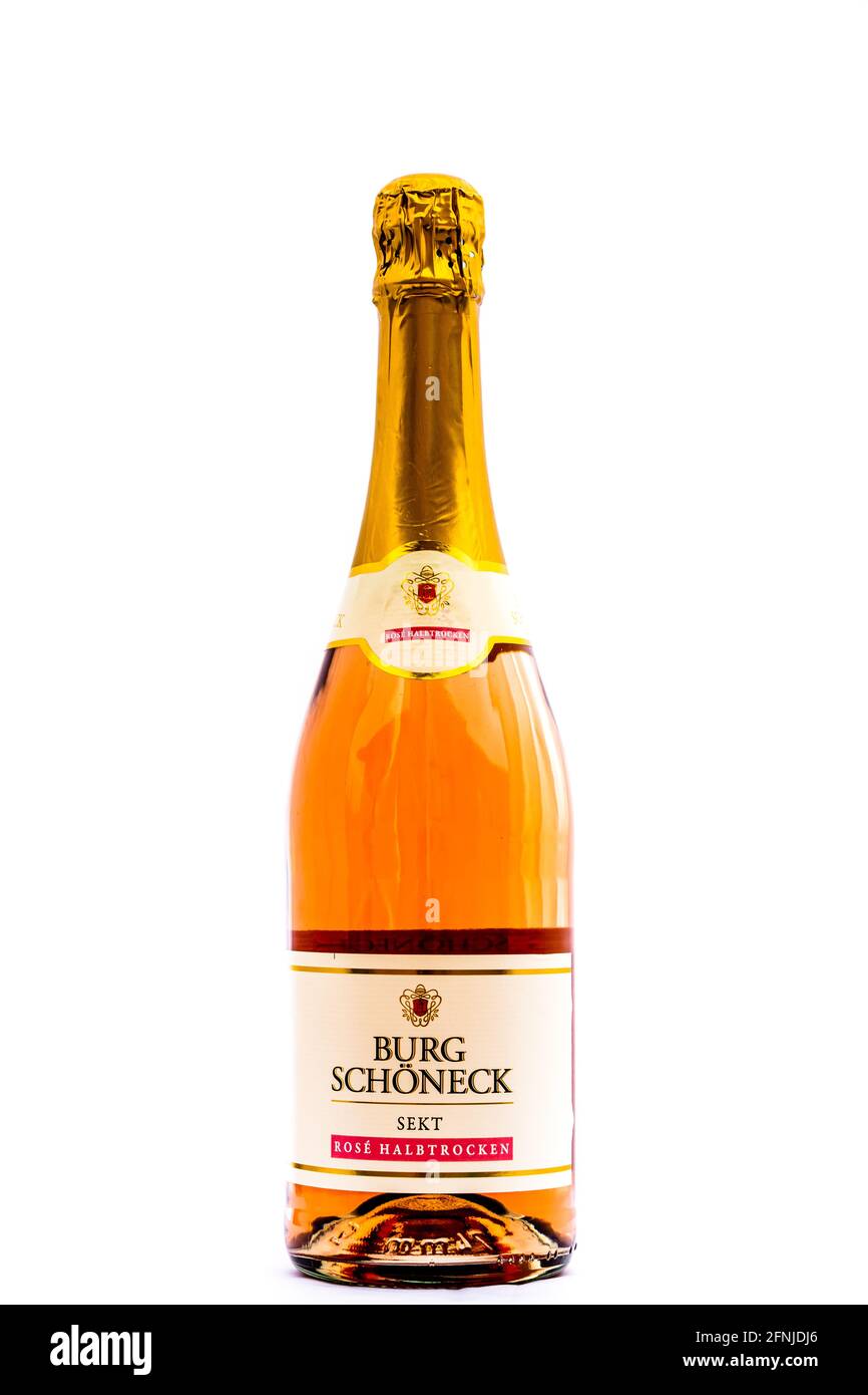 Bottle of Burg Schonneck sparkling wine, prosecco wine isolated on white. Illustrative editorial photo shot in Bucharest, Romania, 2021 Stock Photo