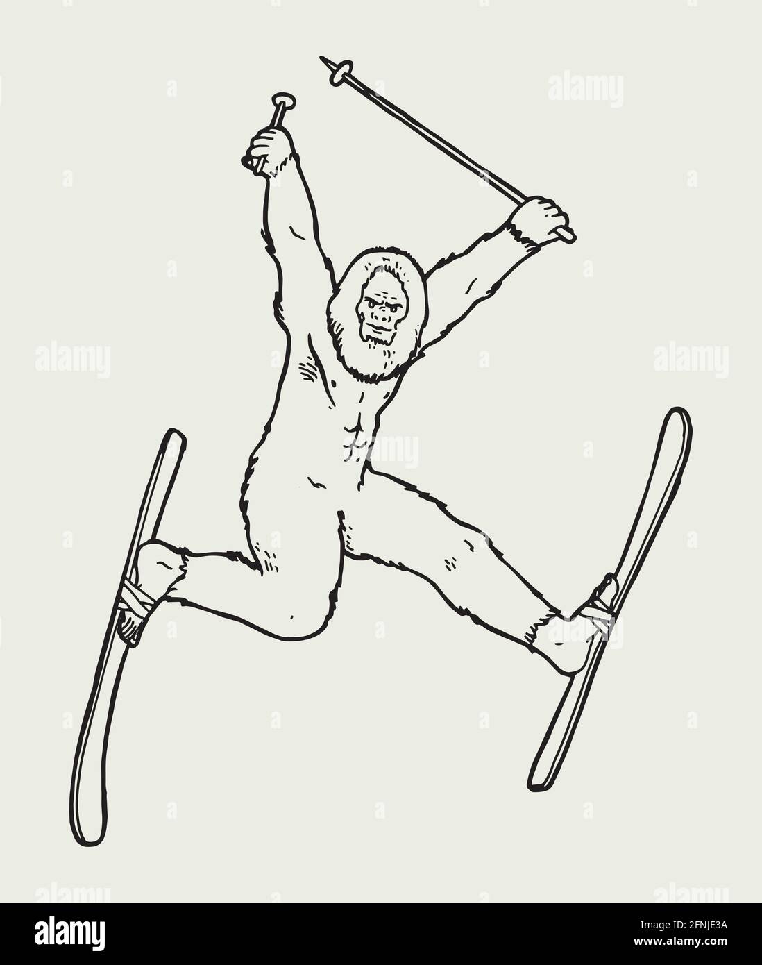 Funny bigfoot character jumping on skis. Isolated vector illustration. Winter sports character. Stock Vector
