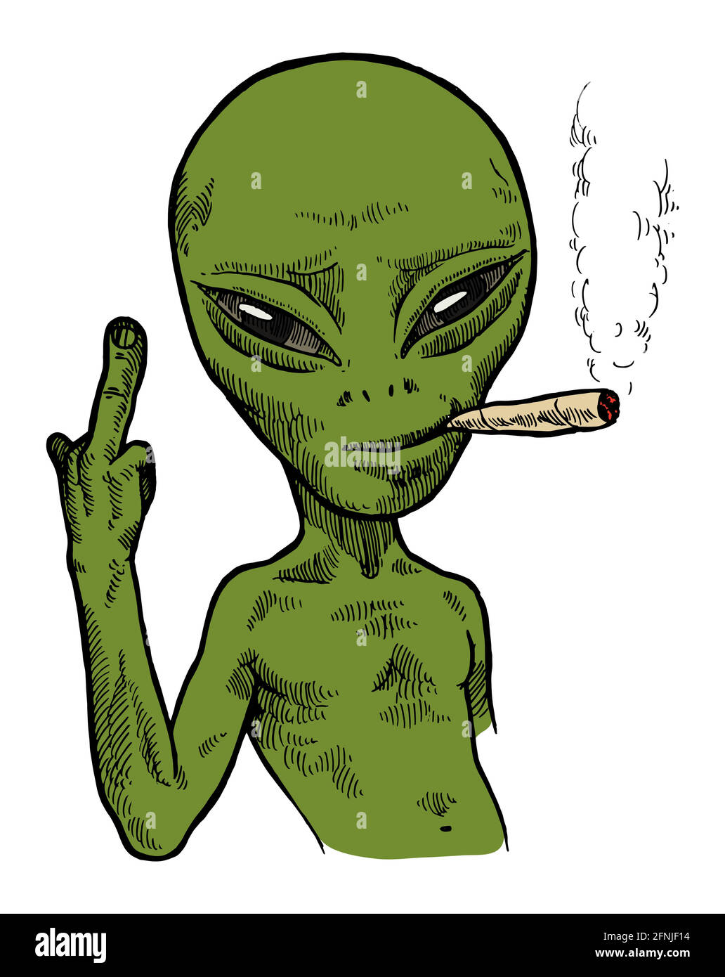 Green alien smoking weed joint and showing a finger. Funny space character illustration. Stock Vector