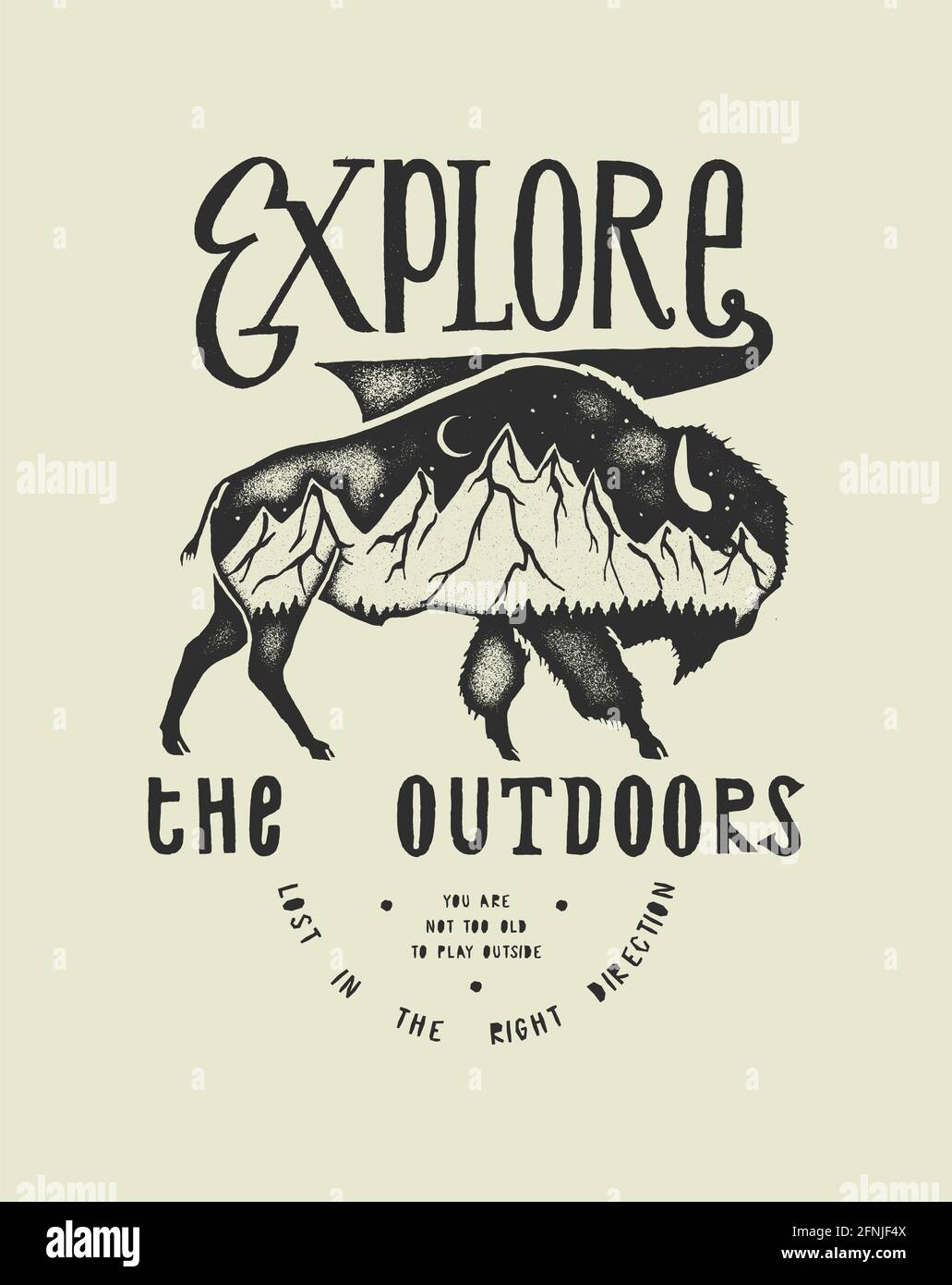 Explore the outdoors - vintage hiking print with american bison and mountains - t-shirt design Stock Vector
