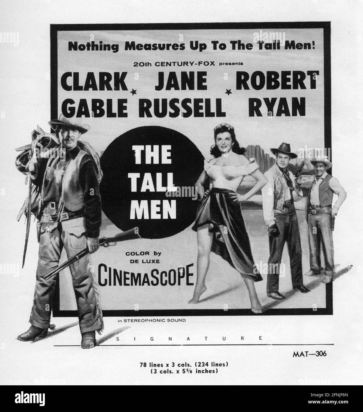 CLARK GABLE JANE RUSSELL ROBERT RYAN and CAMERON MITCHELL in THE TALL MEN 1955 director RAOUL WALSH from the novel by Heck Allen screenplay Sydney Boehm and Frank S. Nugent music Victor Young costumes Travilla Twentieth Century Fox Stock Photo