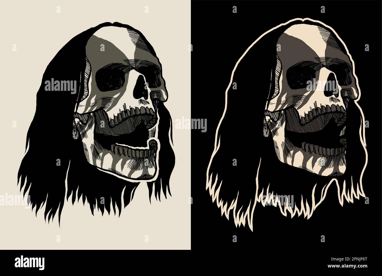 Black metal skull - skeleton head painted as hard rock music singer - vector illustration t-shirt print design Stock Vector