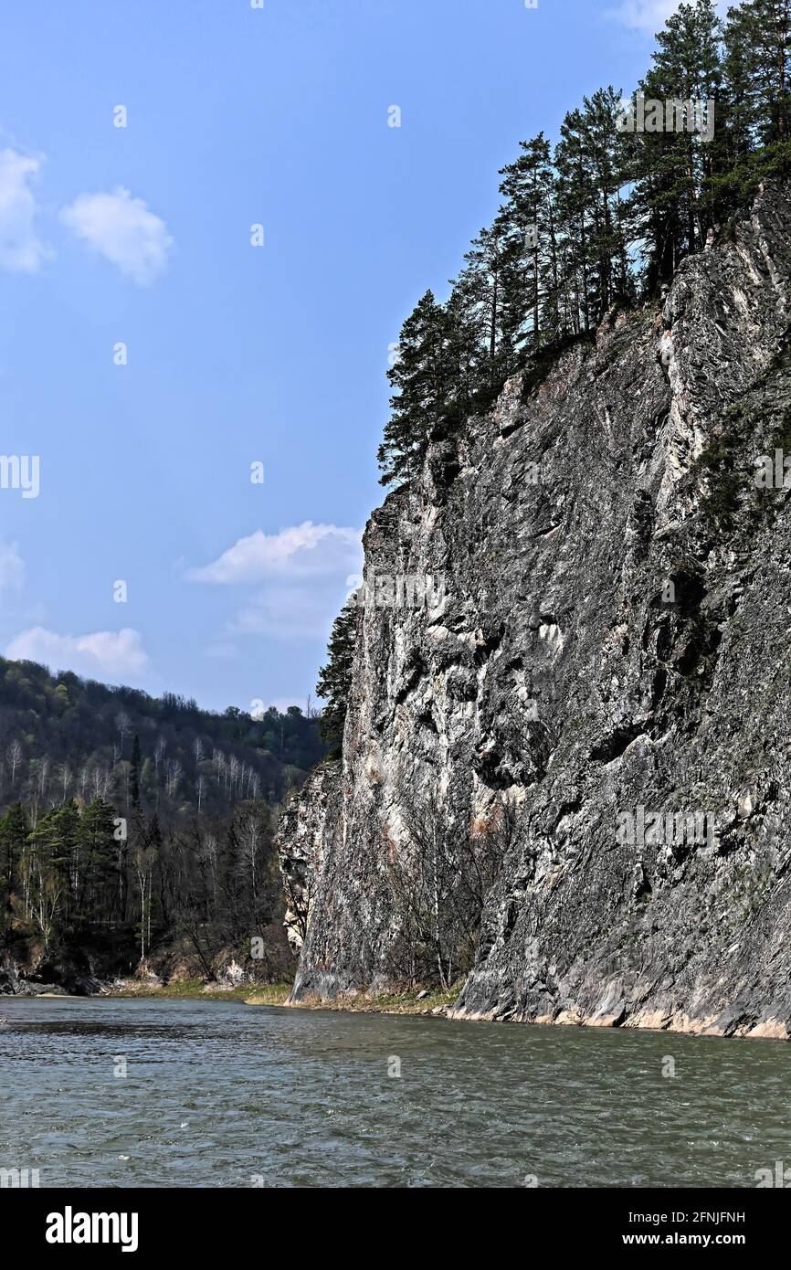 Rocks on the banks of the Zilim river. Spring in the natural park Zilim, Republic of Bashkortostan, Russia. Stock Photo