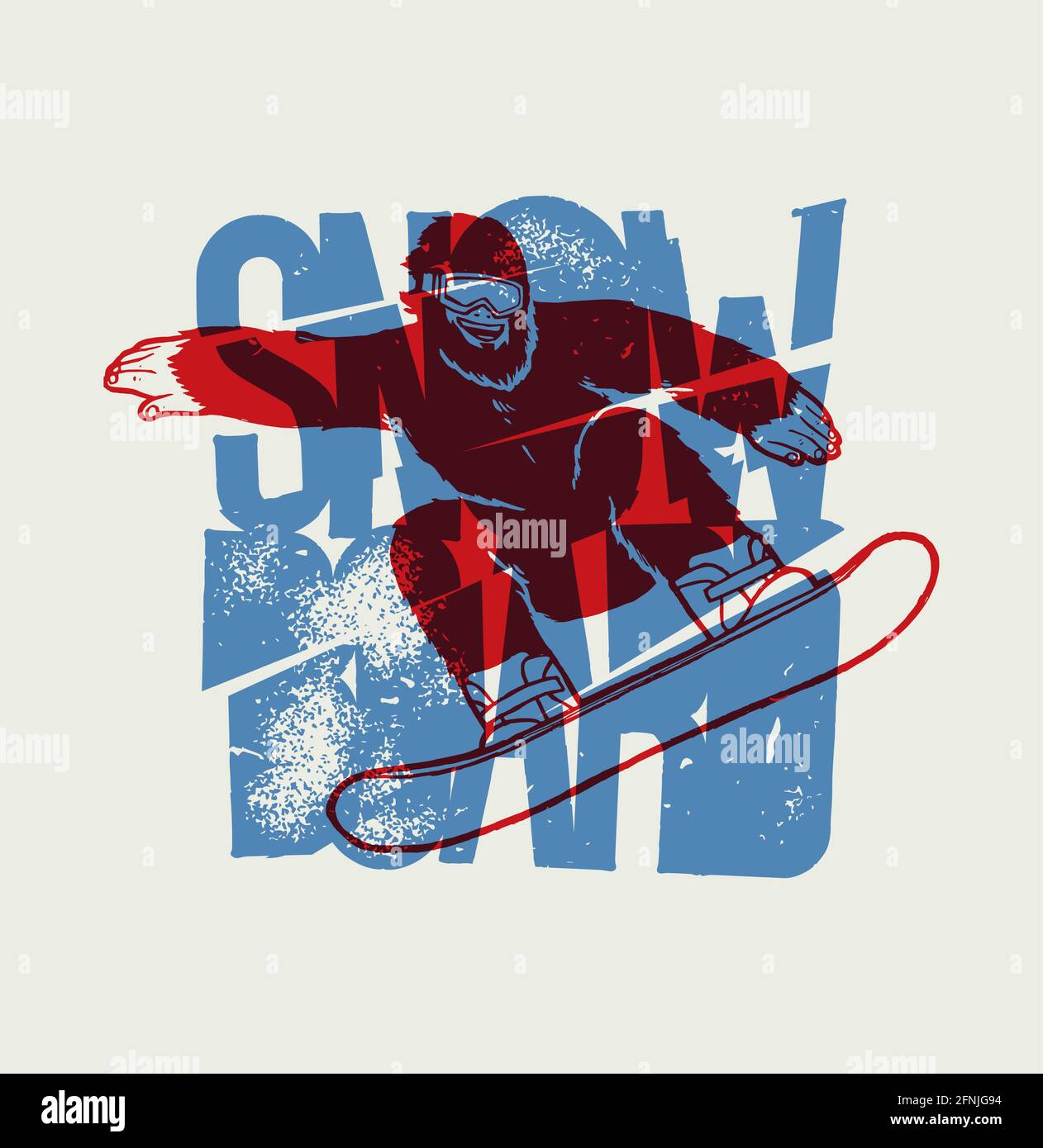 Bigfoot riding snowboard with vintage ice typography cut in pieces