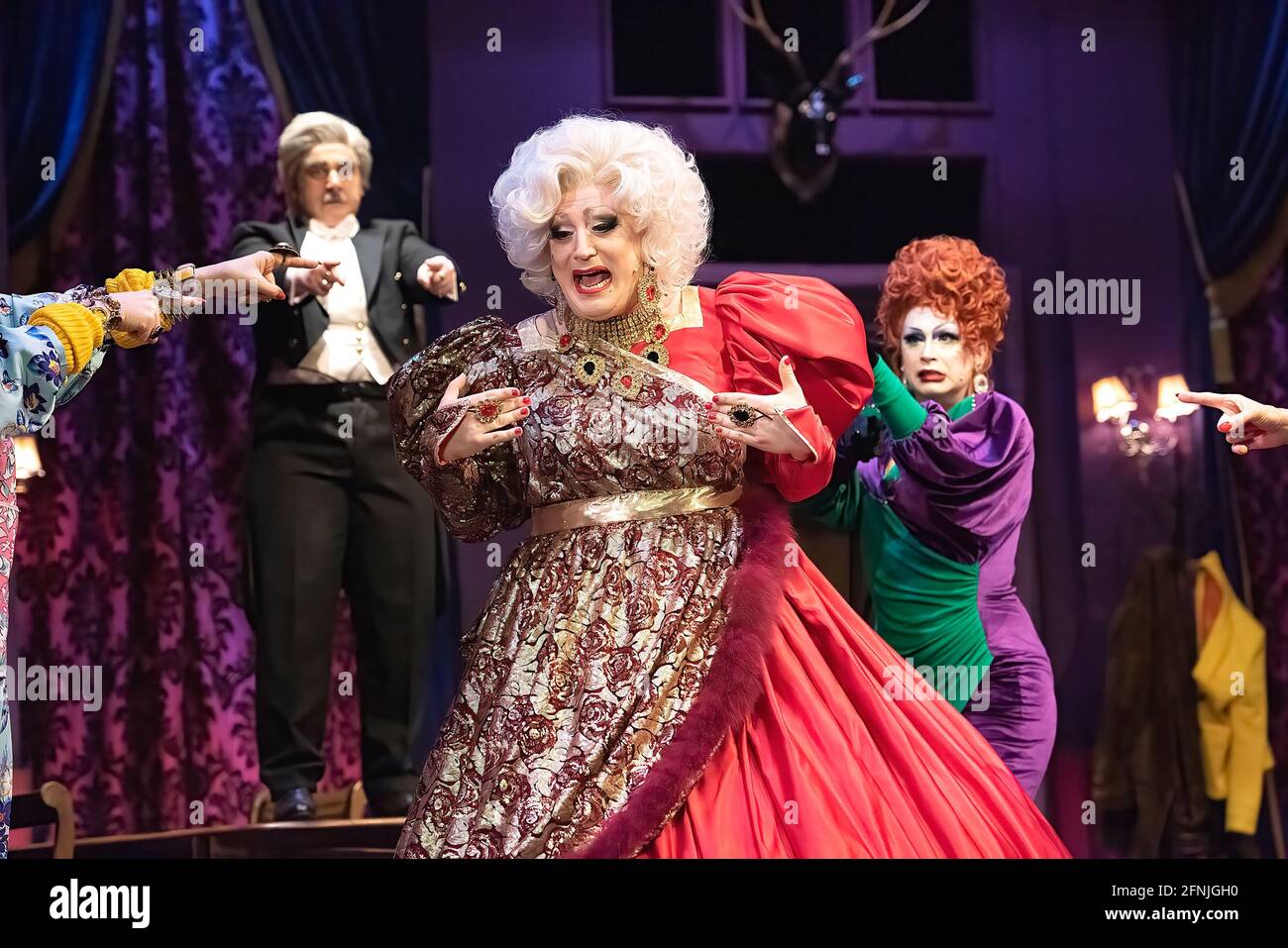 London, UK. 17th May, 2021. Holly Stars, Louis Cyfer, Myra Dubois, Anna Phylactic and William Belli perform live during the preview of 'Death Drop' at Garrick Theatre in London. The hilarious murder mystery musical returns to the Garrick Theatre from 19 May 2021. Credit: SOPA Images Limited/Alamy Live News Stock Photo