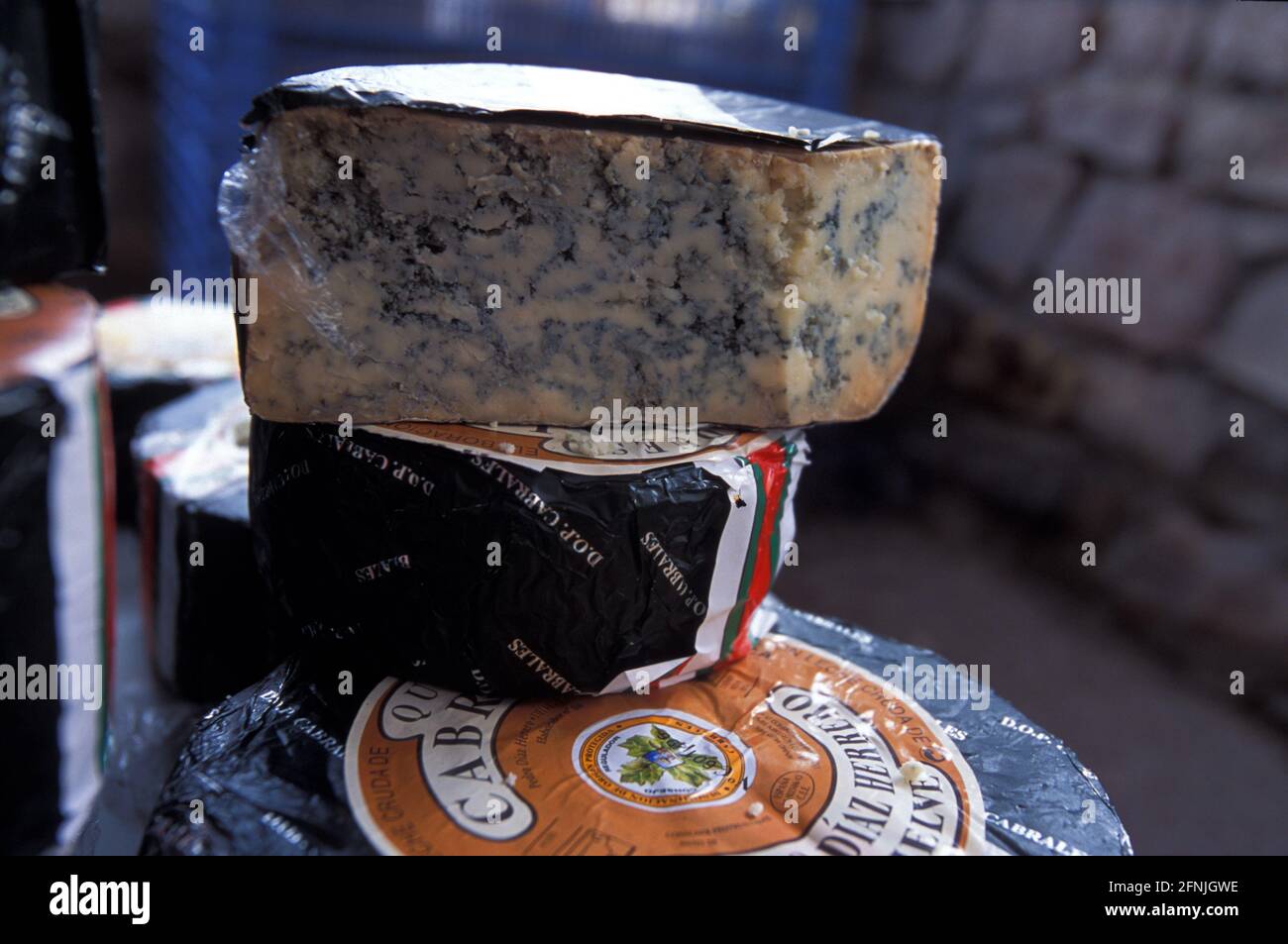 Queso Cabrales, Typical Asturias cheese in Food market in Plaza del