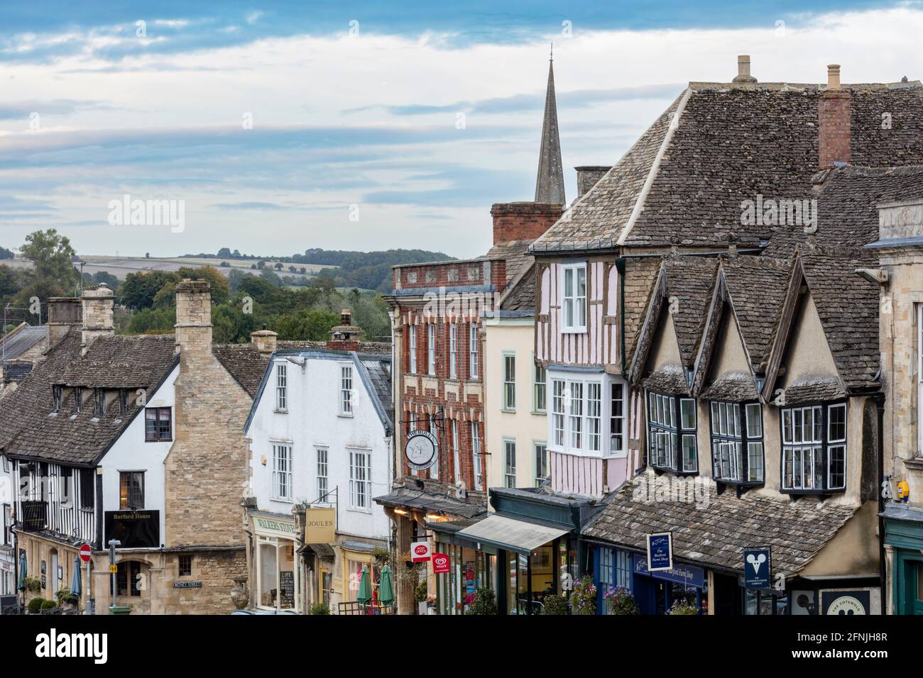 View over the High Street in the Cotswold town of Burford, Oxfordshire, England, UK Stock Photo