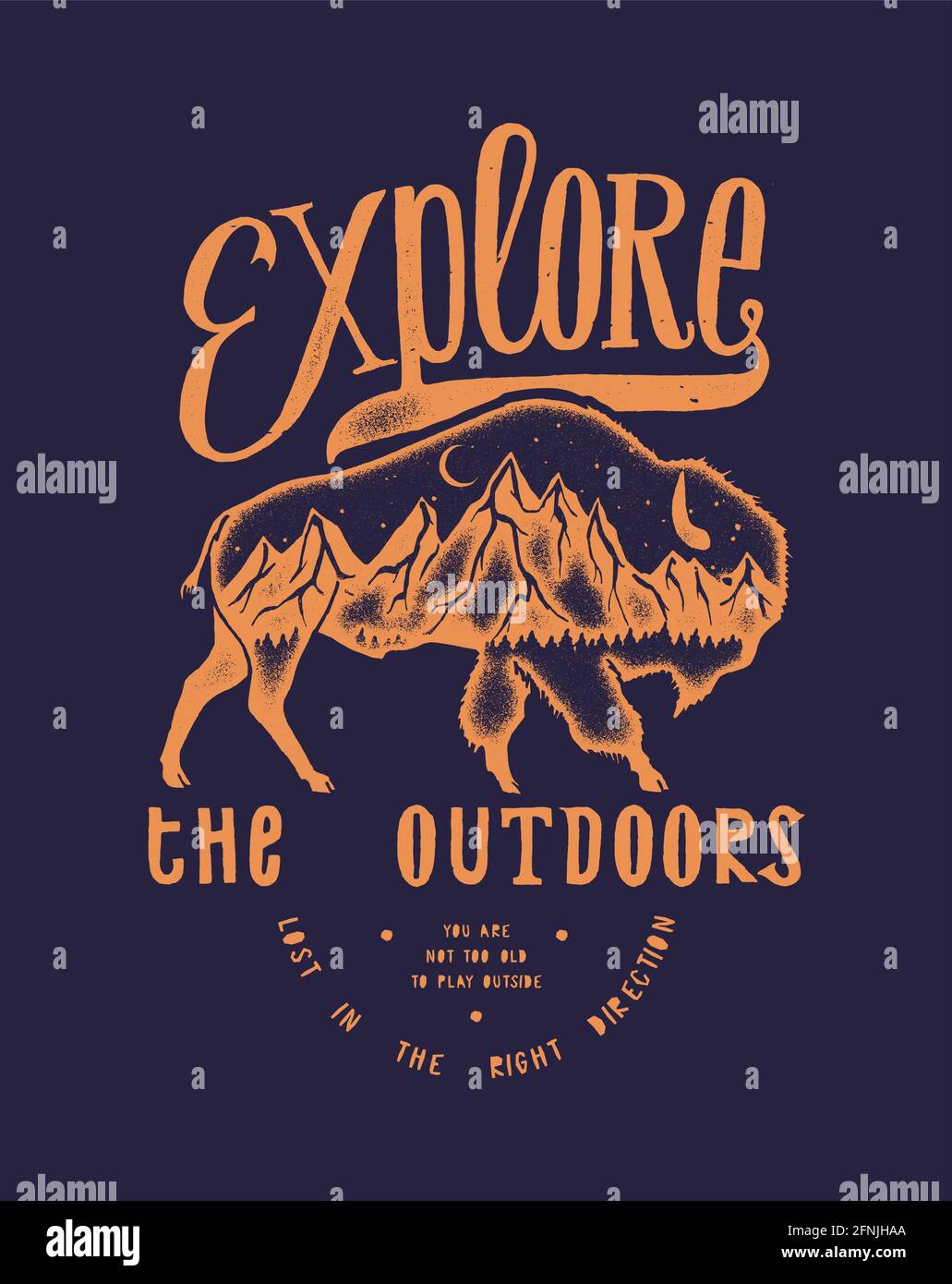 Explore the outdoors - vintage typography hiking print with american bison and mountains inside it Stock Vector